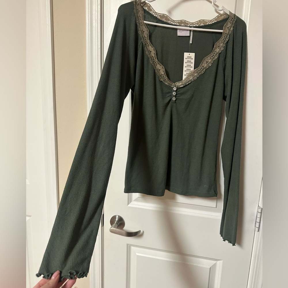 Urban Outfitters Olive Green Lace-Trim Ribbed Long Sleeve Top - Picture 5 of 11
